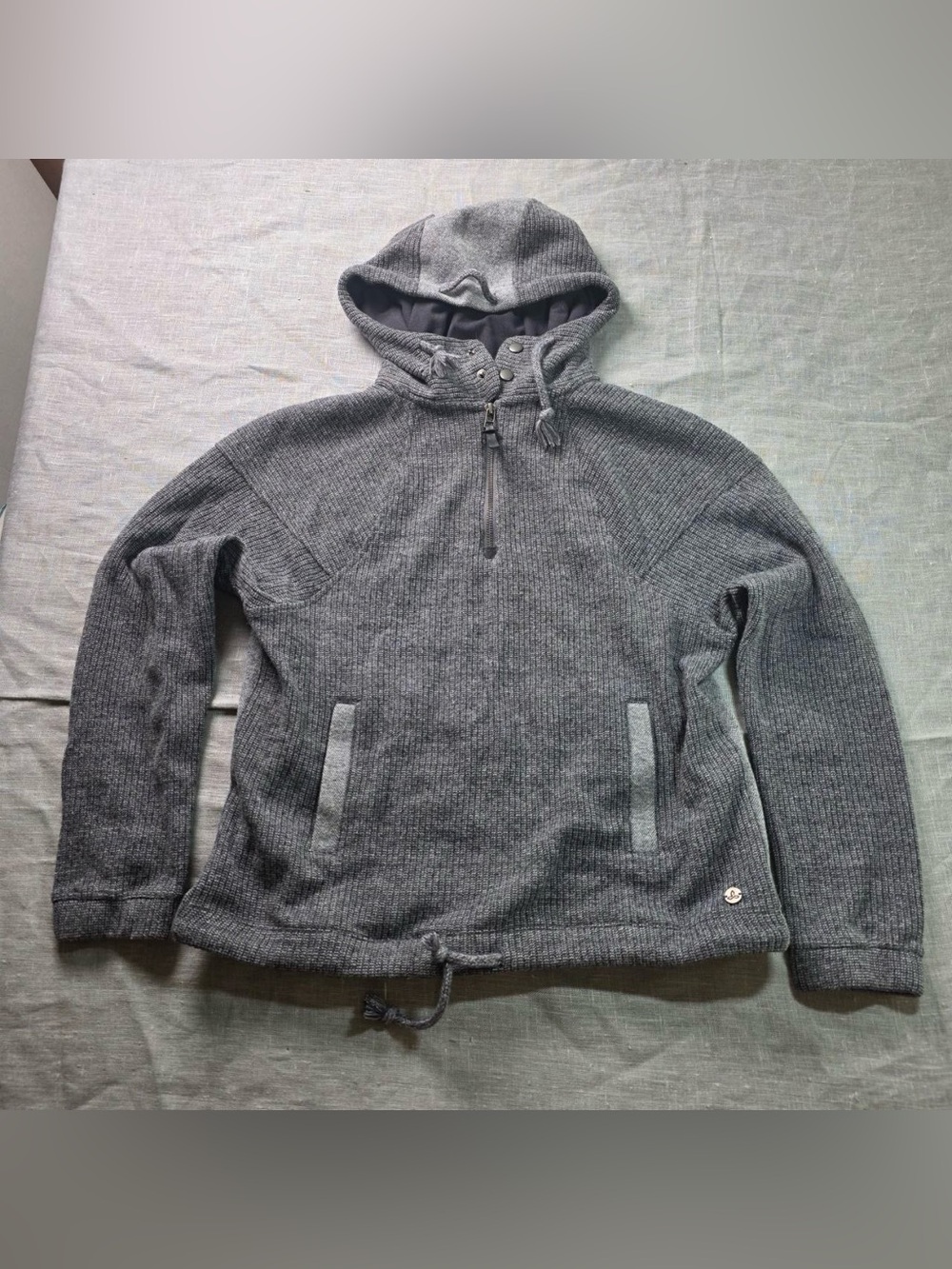 prAna Women's Small Gray Knit 1/2 Zip Hooded Sweater Pullover Hoodie Cinch Hem